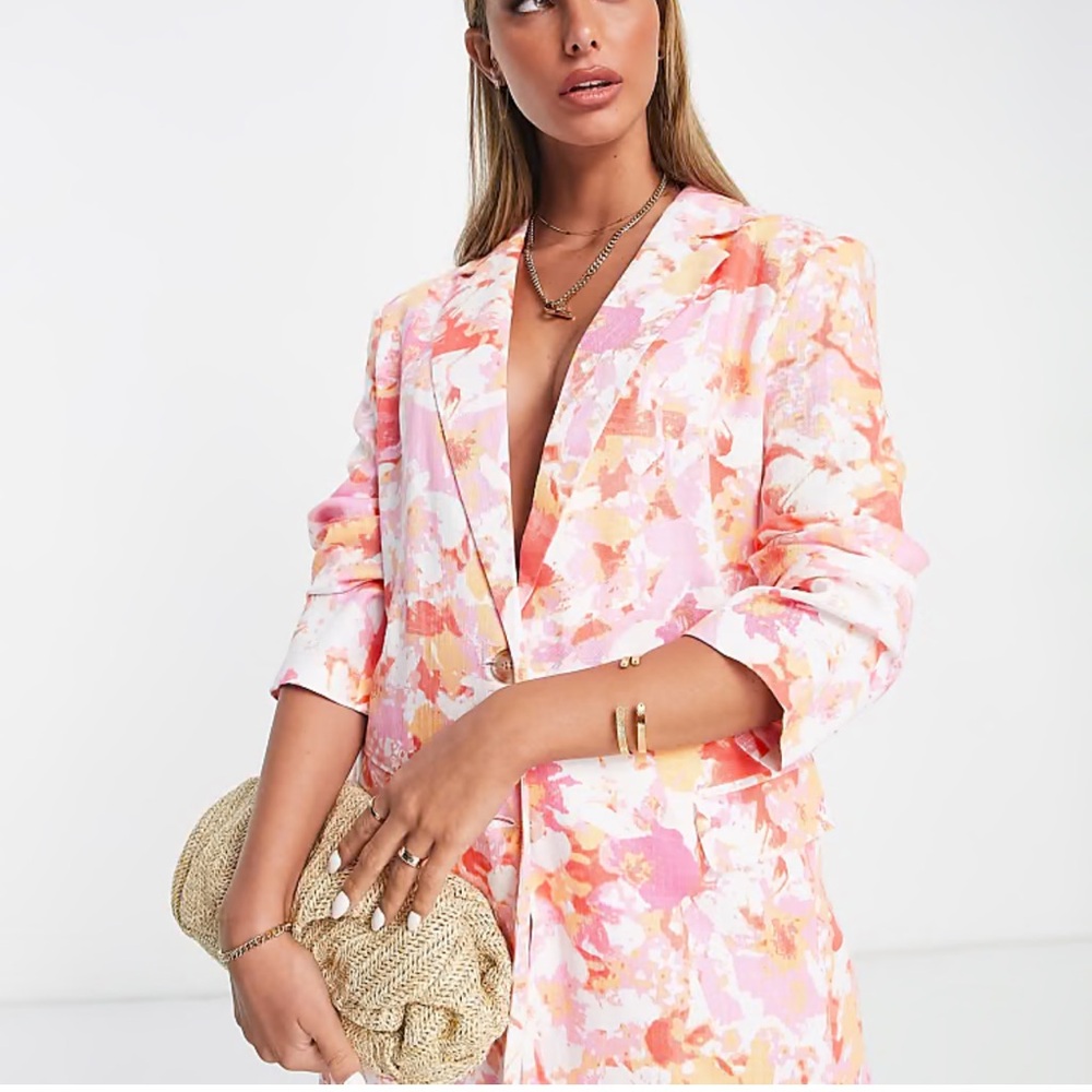 ASOS linen blend dad  blazer Floral Blazer in Pink white and Orange size 2